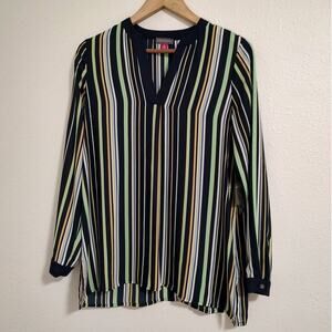 Vince Camuto Caviar Blue Striped Split Neck Long Sleeve Tunic Top Size XS